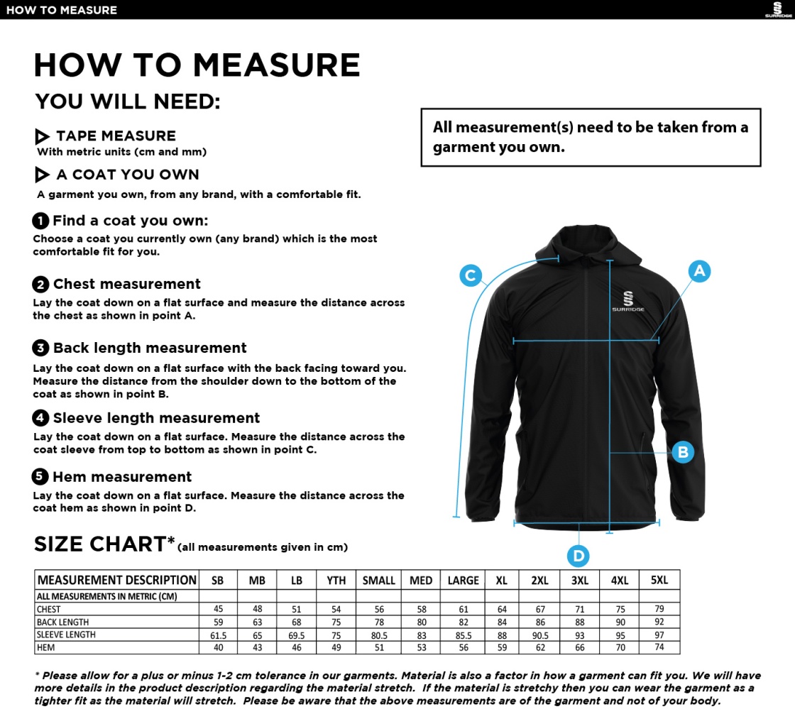 St Joseph's College Staff Training Jacket - Size Guide