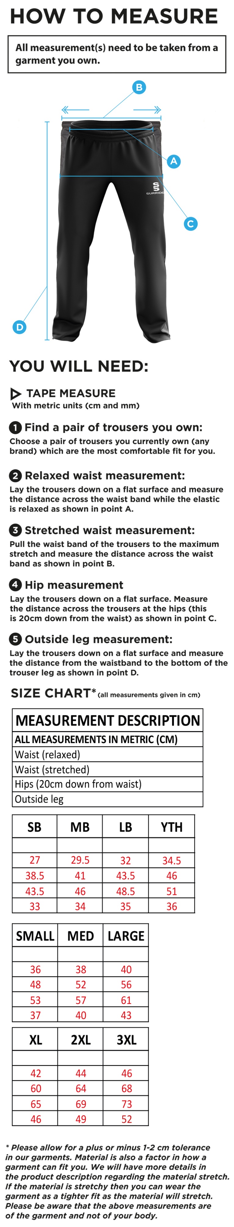 St Joseph's College Staff Ripstop Track Pant Black - Size Guide