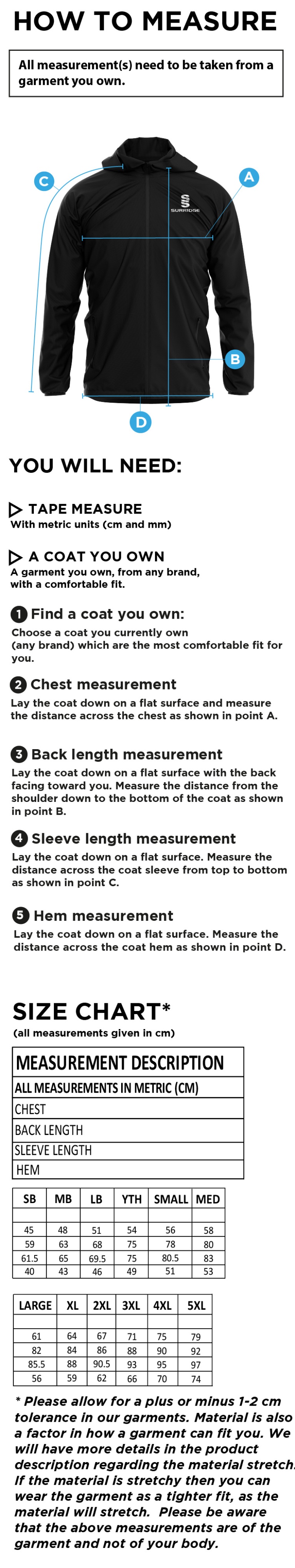 St Joseph's College Staff Training Jacket - Size Guide