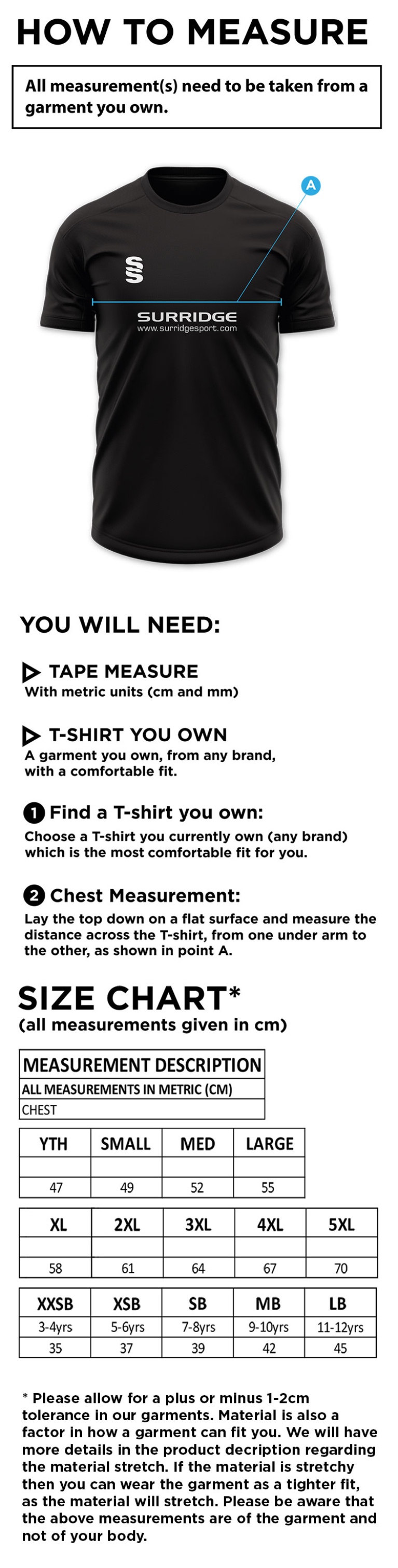 St Joseph's College Staff Dual Training Shirt - Size Guide