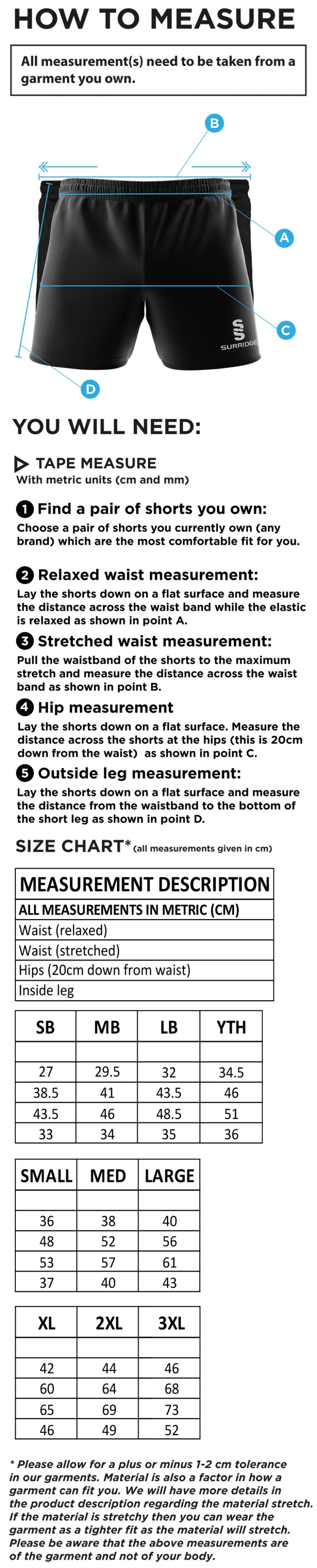 St Joseph's College Staff Shorts Black - Size Guide