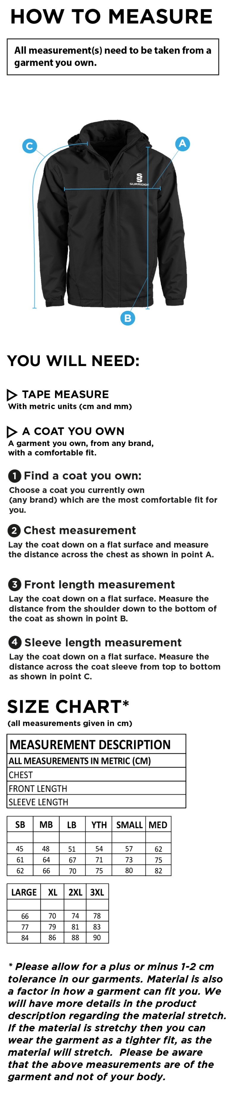 St Joseph's College Staff Fleece line jacket - Size Guide