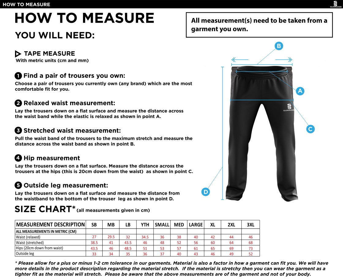 St Joseph's College Staff Ripstop Track Pant Black - Size Guide