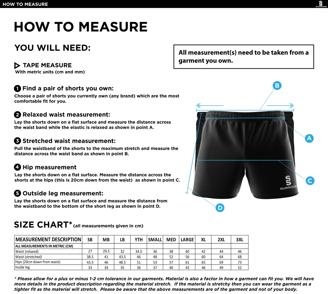 St Joseph's College Staff Shorts Black - Size Guide