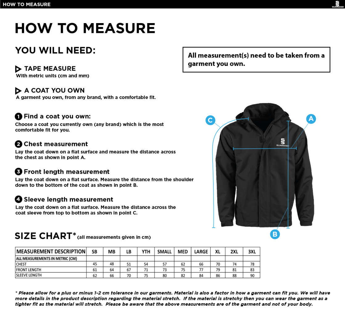 St Joseph's College Staff Fleece line jacket - Size Guide